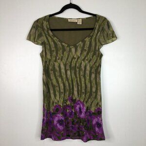 DKNY Jeans Floral Top Olive Purple Size XS